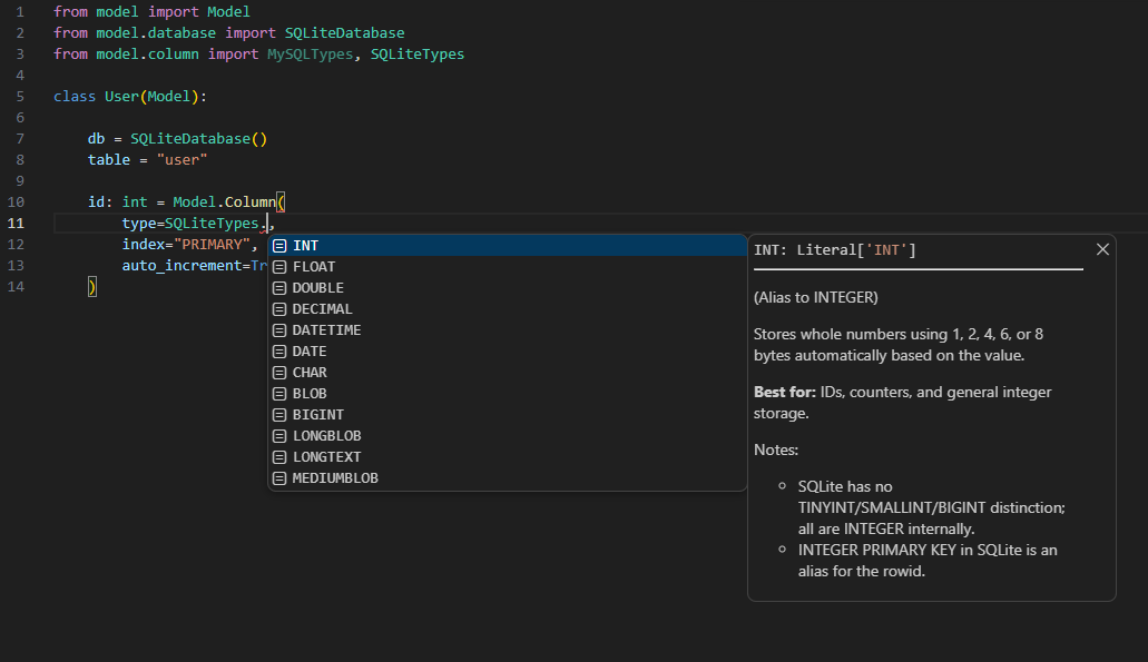 MySQLTypes and SQLiteTypes constants usage example